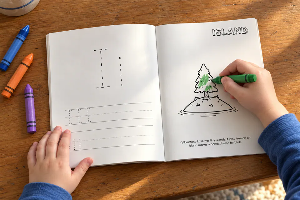A child coloring the island page in an open Yellowstone toddler activity book.