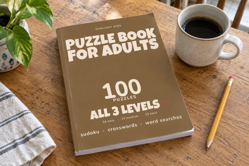 The brown Puzzle Book for Adults cover beside a cup of coffee.