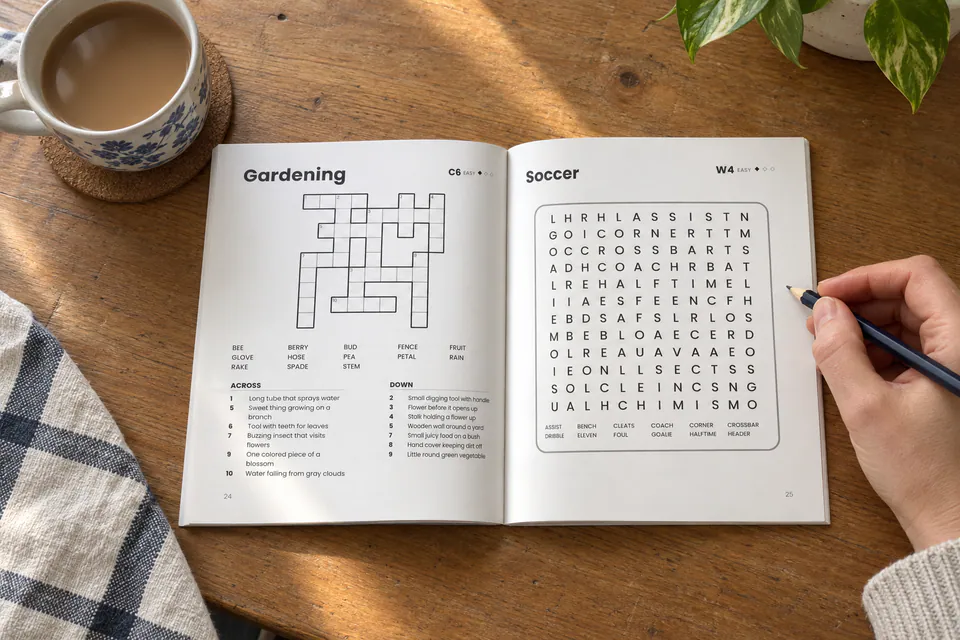 An adult using an open puzzle book with gardening puzzles.