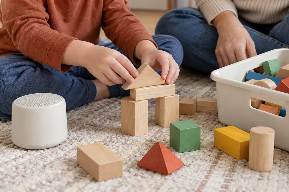 A child building with blocks beside a speaker and a quiet-play bin.
