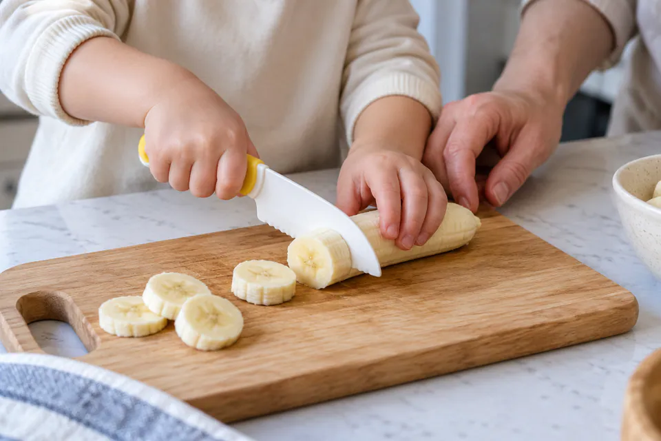 A child slicing a banana with a blunt child-safe knife beside an adult.