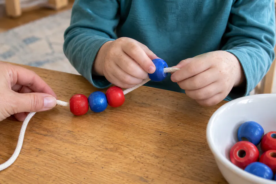 A child threading large red and blue beads onto a cord.