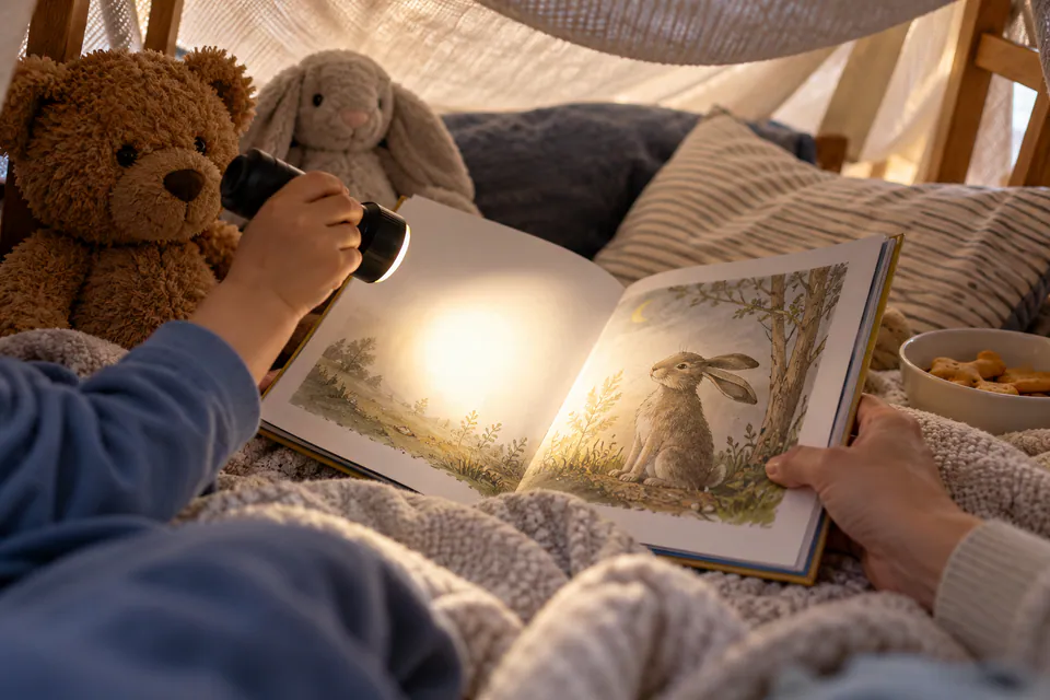 A child lighting an open picture book with a flashlight inside a blanket fort.