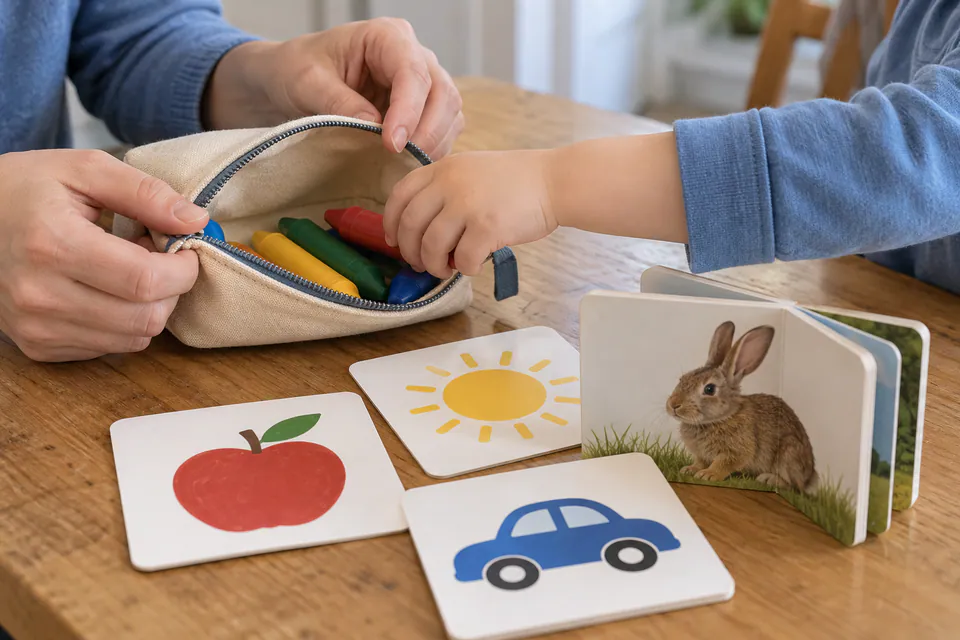 A child choosing crayons from a pouch beside picture cards and a board book.