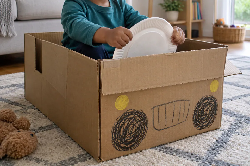 A child playing inside a cardboard car with a paper-plate steering wheel.