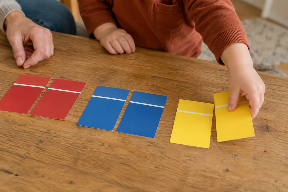 A child pairing red, blue and yellow color tablets.