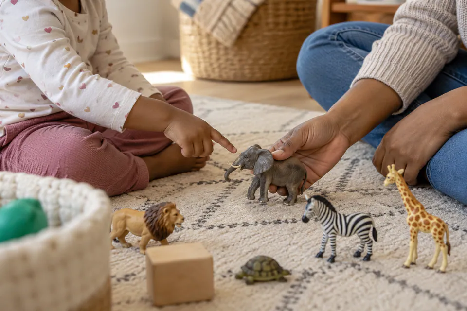 A child and adult pointing to toy animals during a naming game.