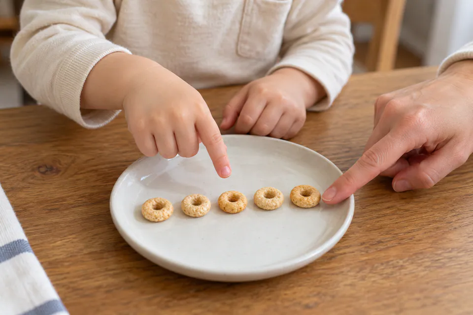 A child and adult counting five cereal rings on a plate.