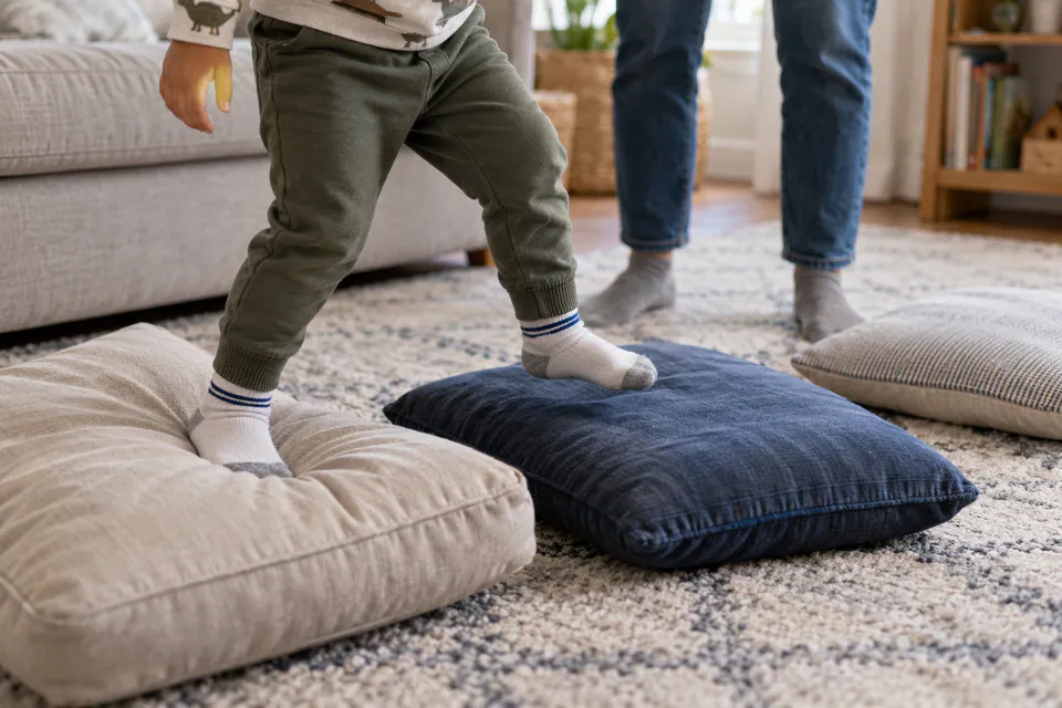 A child stepping between cushions laid on the living room floor.