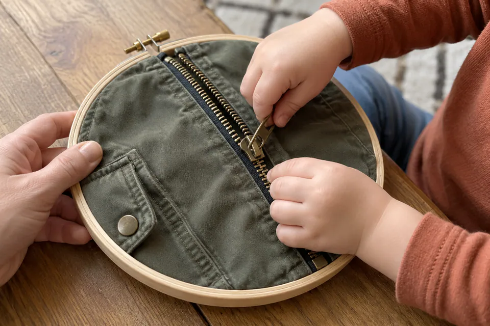 A child practicing a zipper on fabric held in an embroidery hoop.