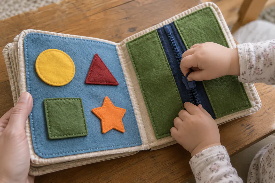A child's hands exploring felt shapes and a zipper in an example quiet book.