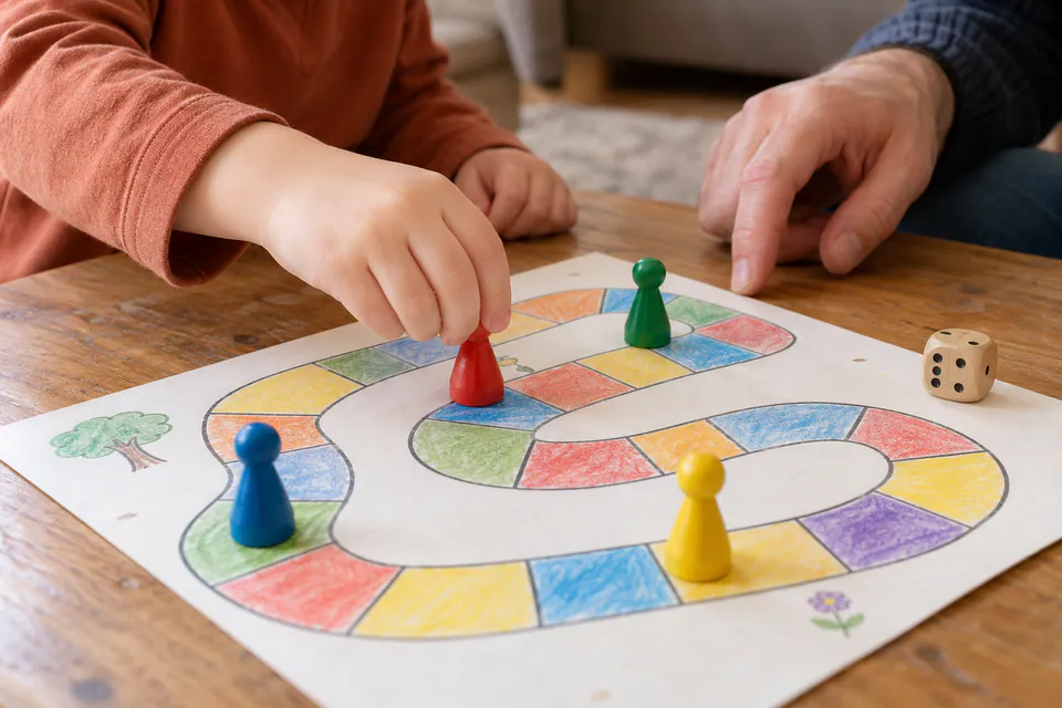 A child moving a pawn along a homemade colored board-game path.