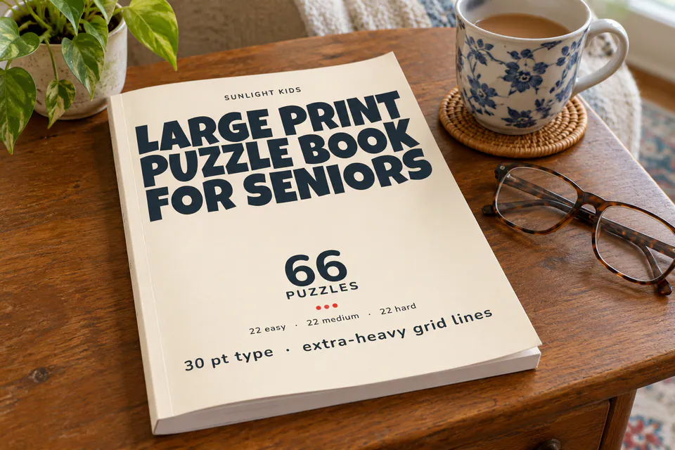 The Large Print Puzzle Book for Seniors cover beside reading glasses.
