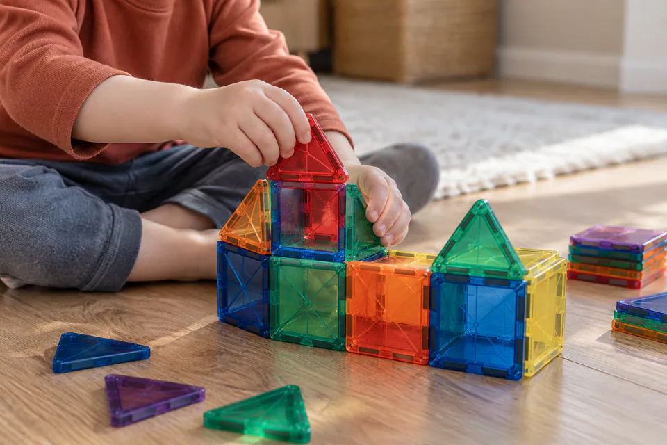 A child building small houses with colorful magnetic tiles.