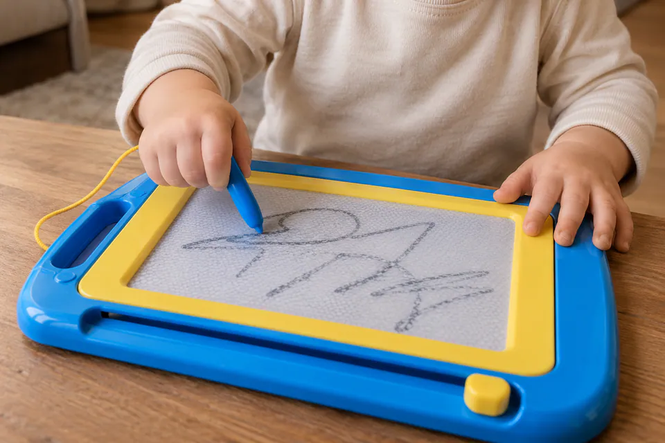 A child drawing on a blue and yellow magnetic drawing board.