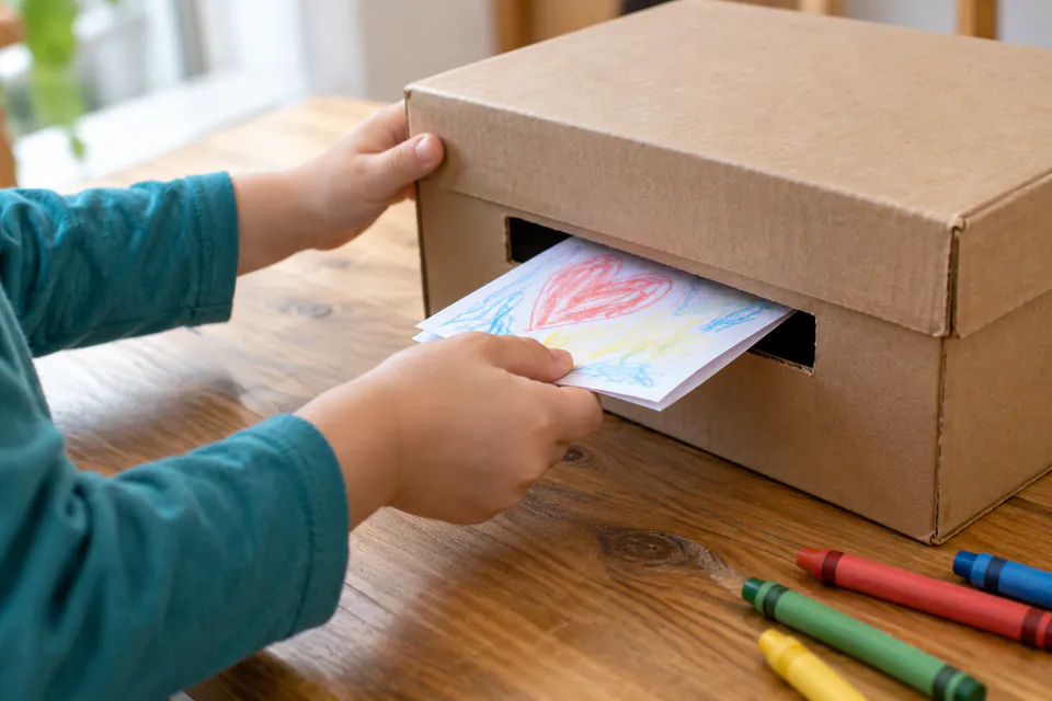A child posting a colorful drawing into a homemade cardboard mailbox.