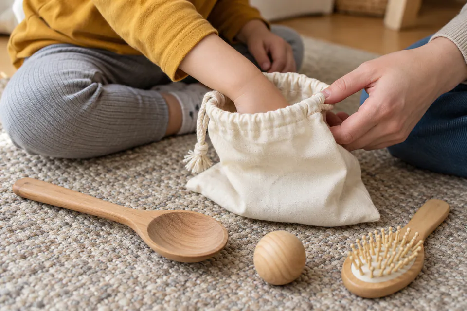 A child feeling inside a cloth bag beside familiar wooden objects.