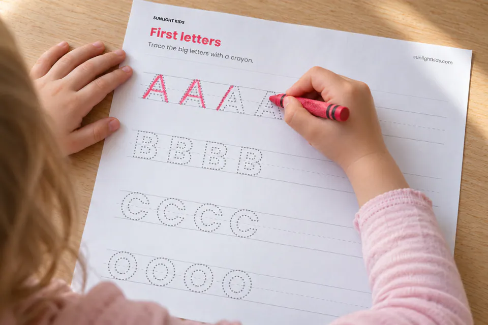 A child tracing large dotted letters on a first-letters worksheet.