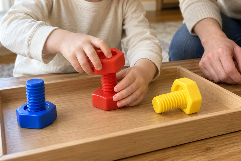 A child twisting together large colorful toy nuts and bolts.