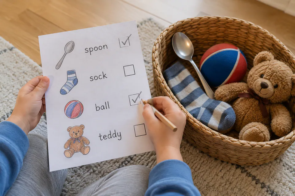 A child checking a picture list beside a basket of found household items.