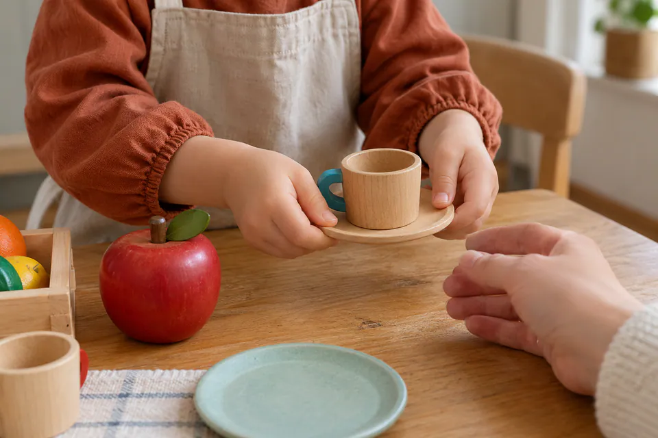 A child serving a wooden toy cup and saucer in a pretend cafe.