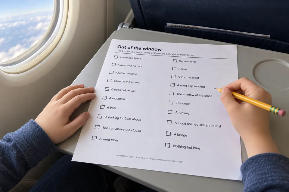 A child using a printed window-view checklist on an airplane tray table.