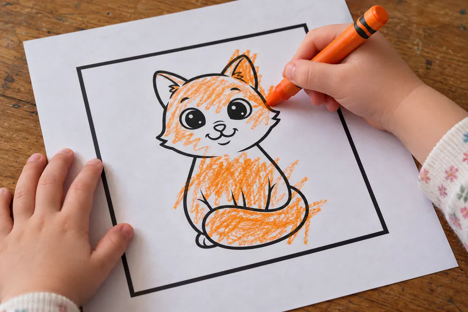 A child coloring an orange kitten on a printed coloring page.