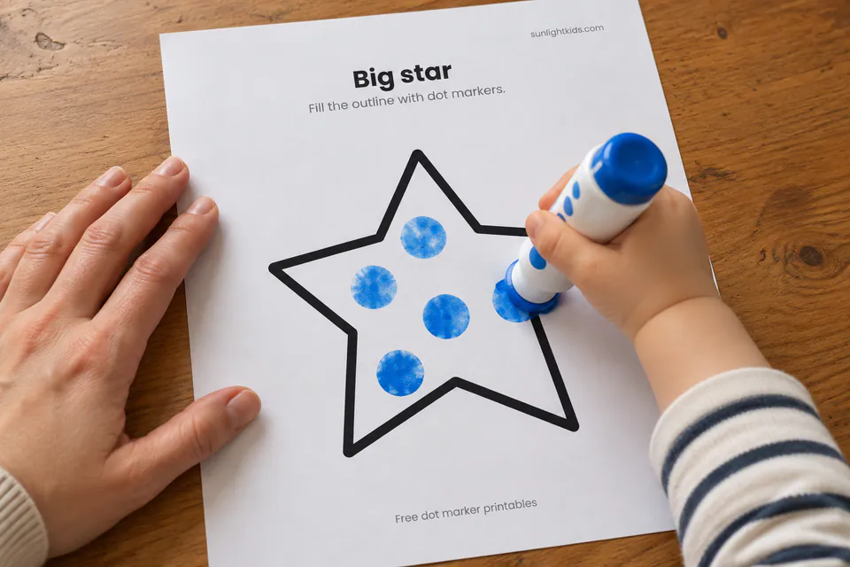 A child filling a large printed star with blue dot-marker spots.