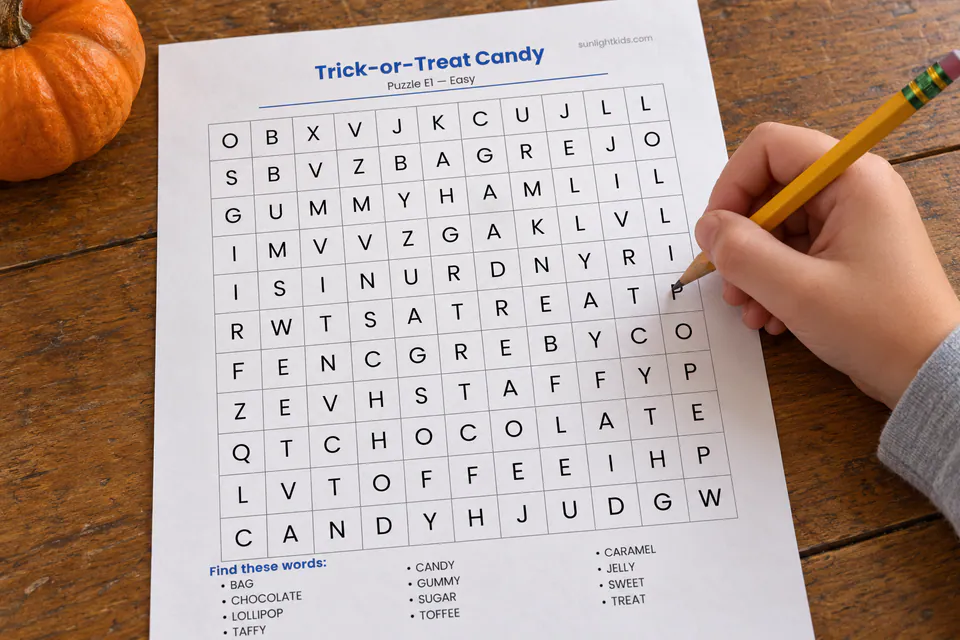 A child solving a printed Trick-or-Treat Candy word search.