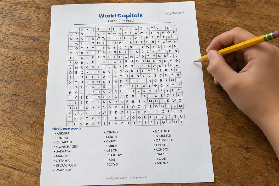 A hand holding a pencil beside a printed World Capitals word search.