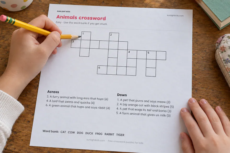 A child starting an animal crossword on a printed worksheet.