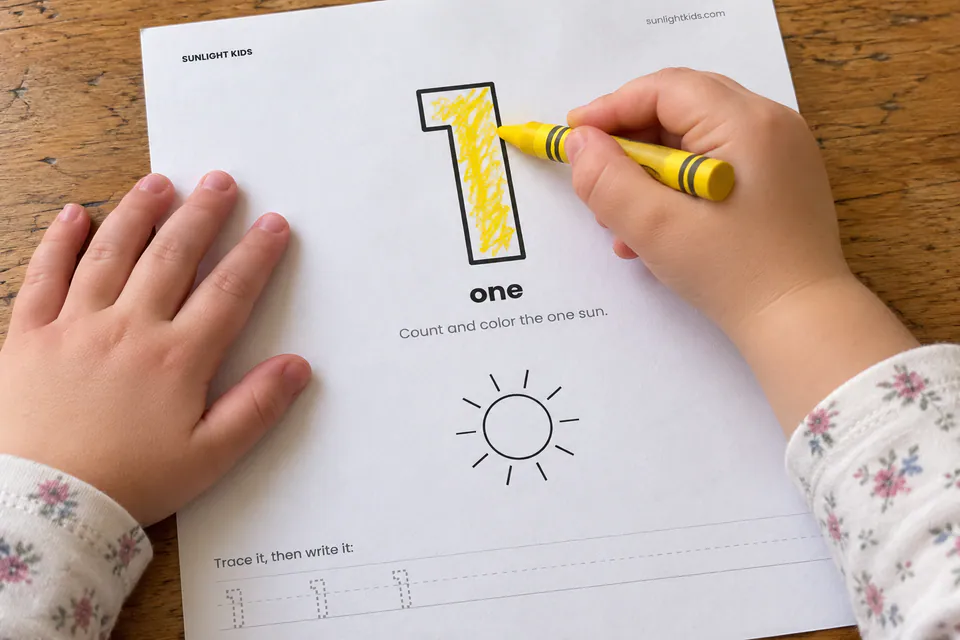 A child coloring a large number one on a printed counting worksheet.