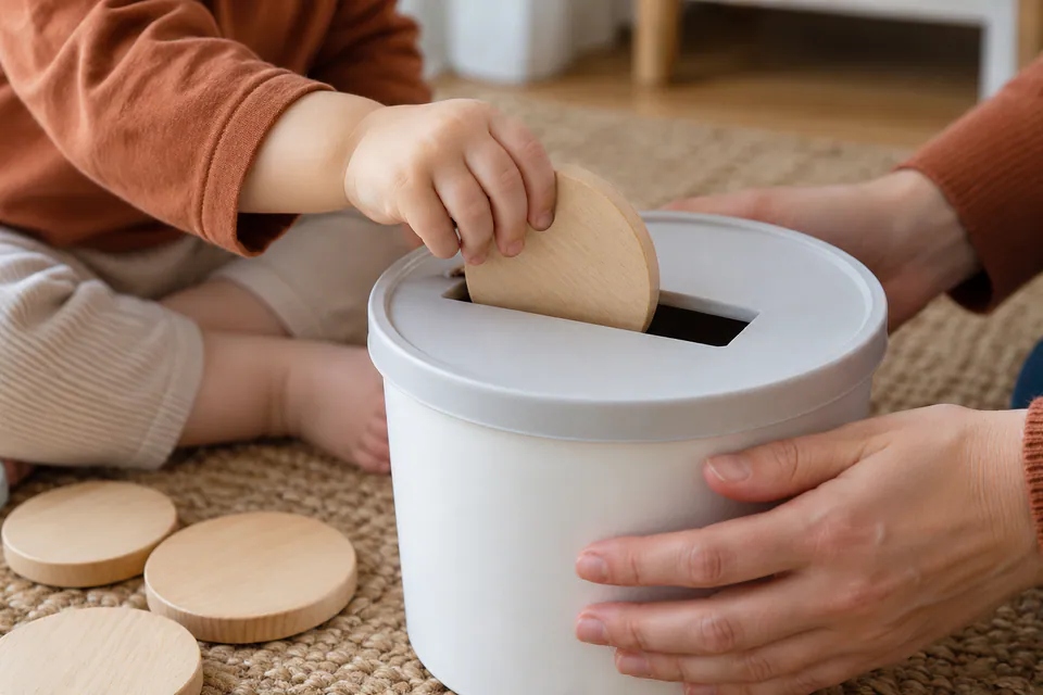 A child posting a large wooden disc through a slot in a container lid.