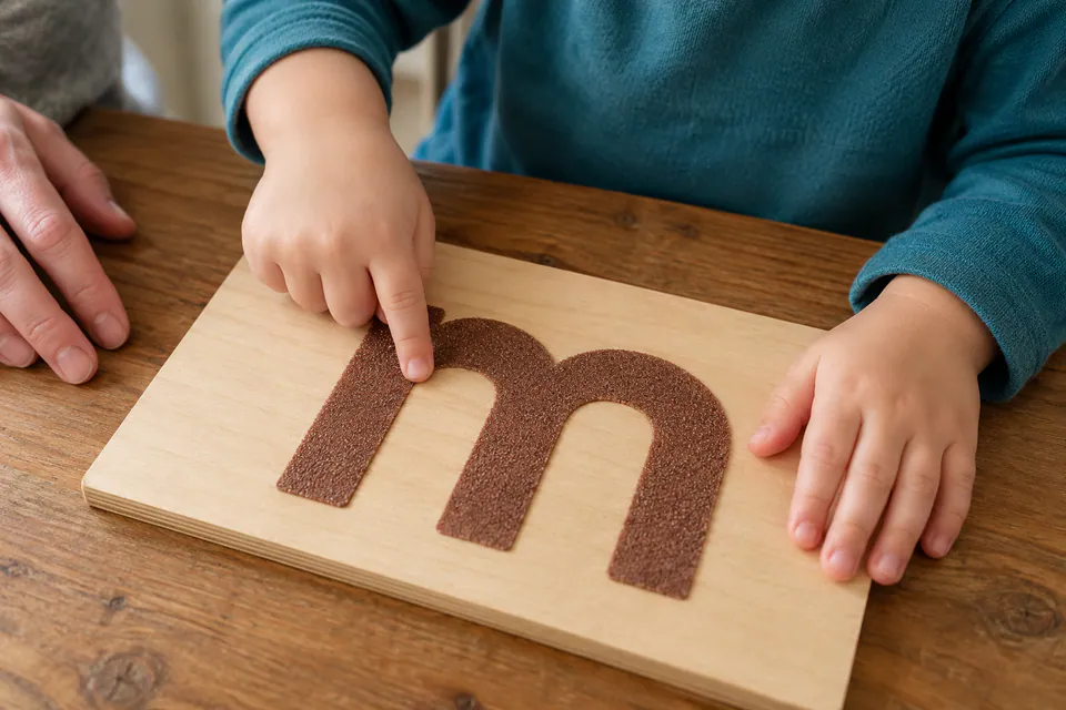 A child tracing a textured lowercase m on a wooden letter board.