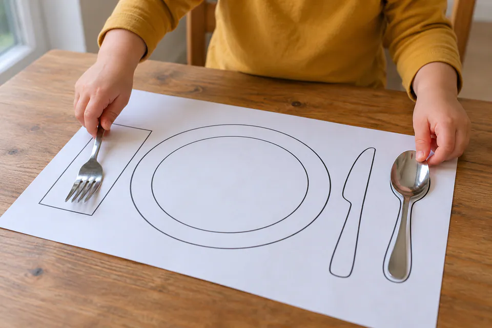 A child matching cutlery to a printed place-setting outline.