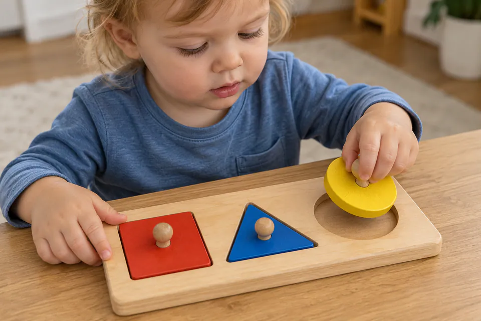 A child fitting a yellow circle into a three-piece wooden shape puzzle.