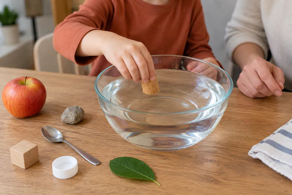 A child testing a cork in a bowl of water beside other household objects.