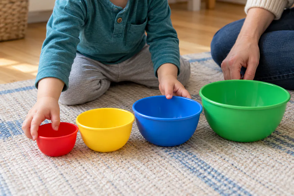 A child arranging four bowls from smallest to largest.