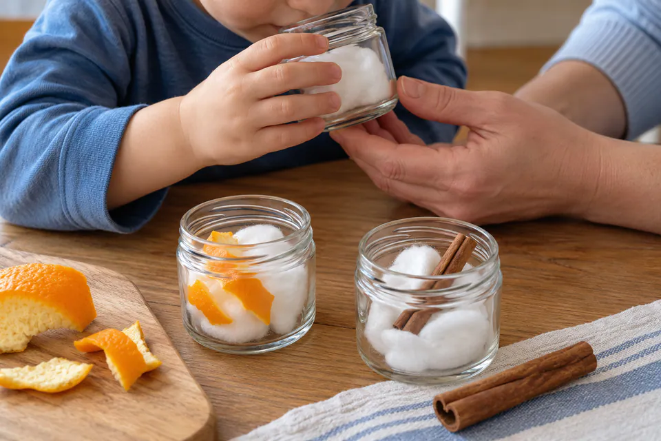 A child smelling a jar beside jars containing orange peel and cinnamon.