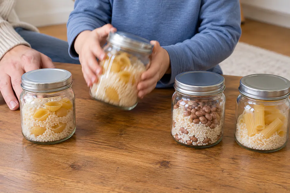 A child shaking sealed jars filled with dry rice, beans and pasta.