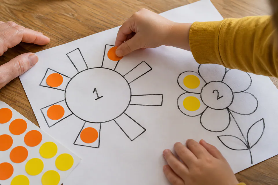 A child matching orange and yellow stickers to numbered sun and flower outlines.
