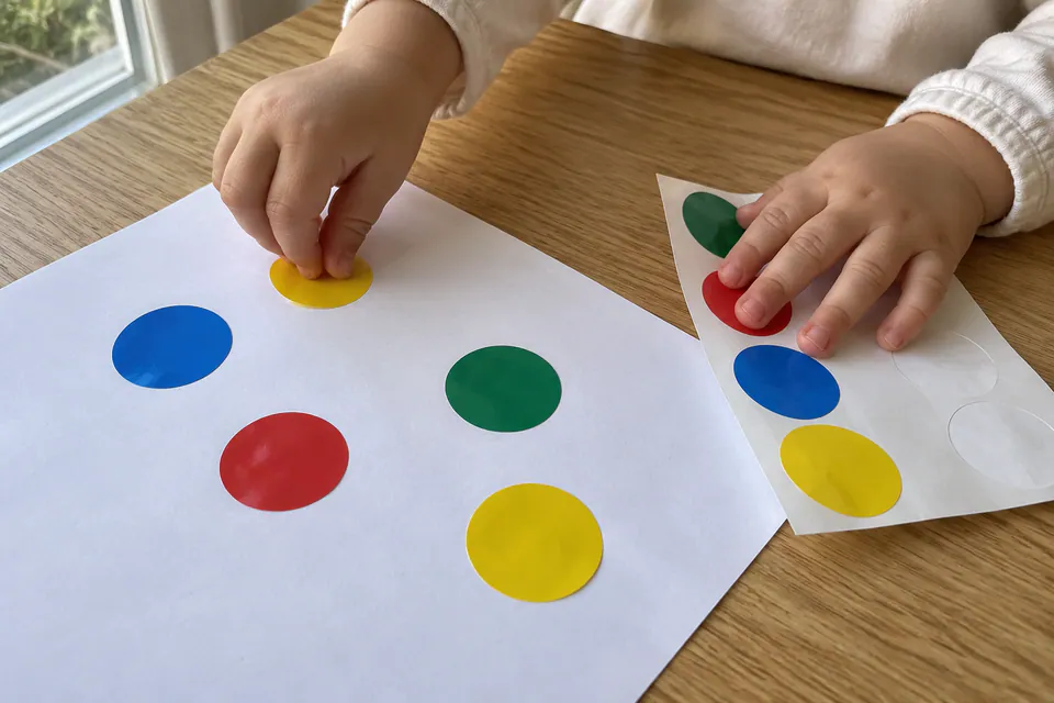 A child pressing colored dot stickers onto white paper.