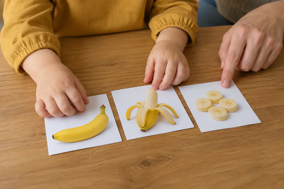 A child arranging picture cards showing a whole, peeled and sliced banana.