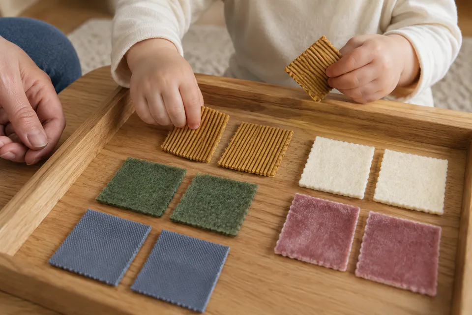 A child matching pairs of different textured fabric squares.