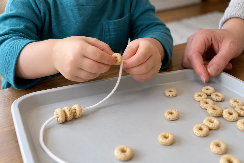 A child threading cereal rings onto a white cord on a tray.