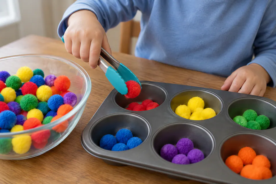 A child using tongs to sort pom-poms into a muffin tin.