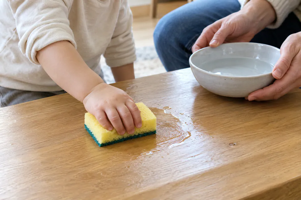 A child wiping a wooden table with a wet sponge beside an adult.