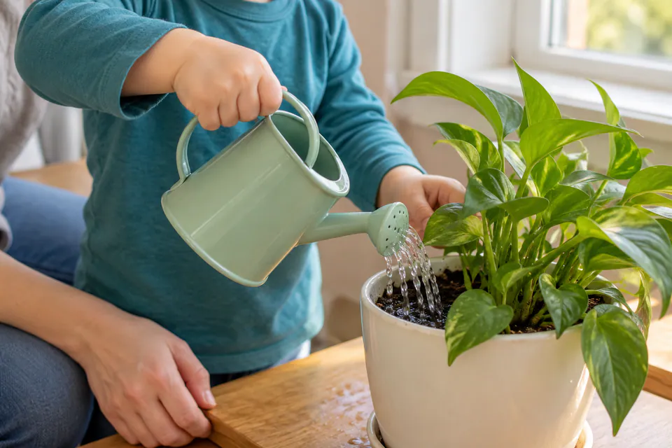 A child using a small watering can to water a houseplant.