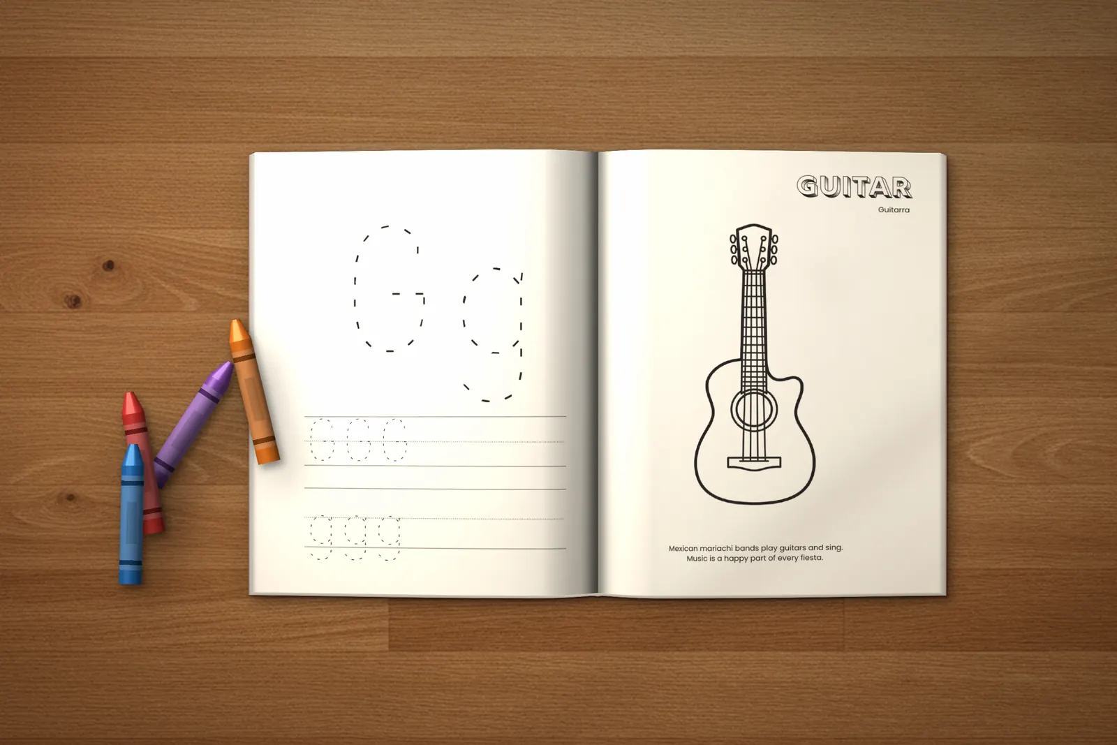 Cancun Activity Book for Kids (ages 2-5) lying open on a wooden table, showing a letter G tracing page and a Guitar coloring page, with crayons beside it