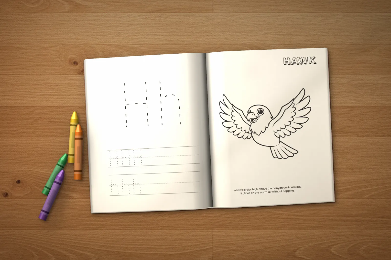 Grand Canyon Activity Book for Kids (ages 2-5) lying open on a wooden table, showing a letter H tracing page and a Hawk coloring page, with crayons beside it